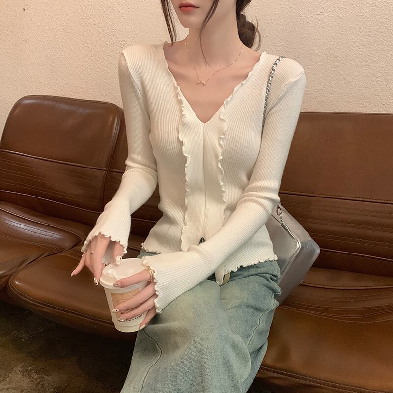 【tops】Vネックフリルニットトップス　M18839
