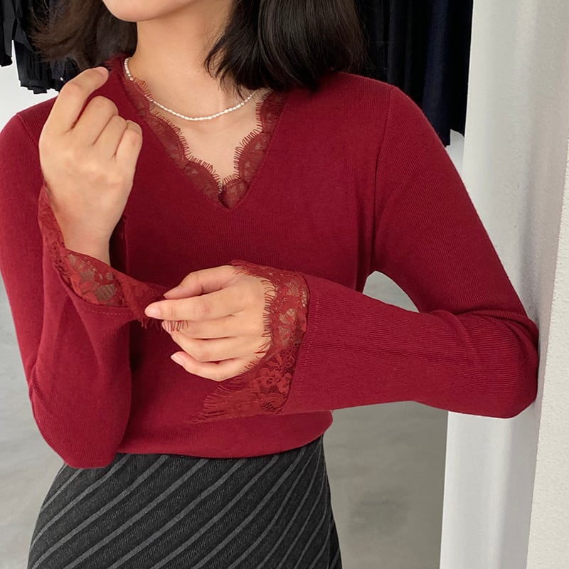 【tops】レースドッキングニットトップス Q7236