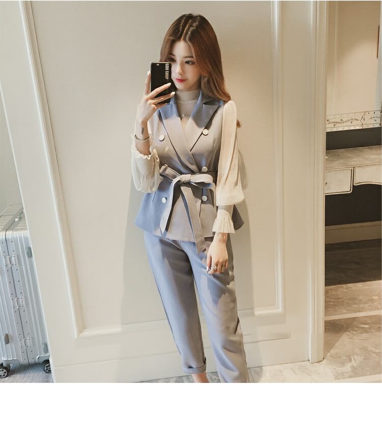 【set】美人度アップ!韓国系スウィート洋気ベスト+シャツ+パンツセットアップ G2087