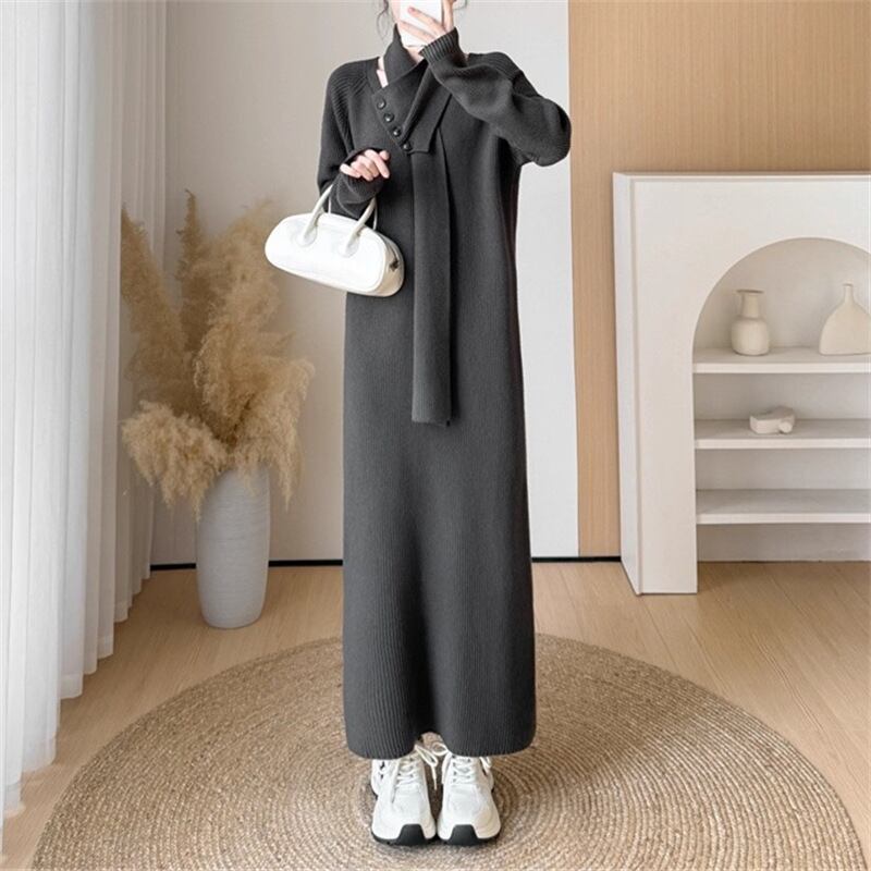 【dress】マフラー付きロングニットワンピース Q7315