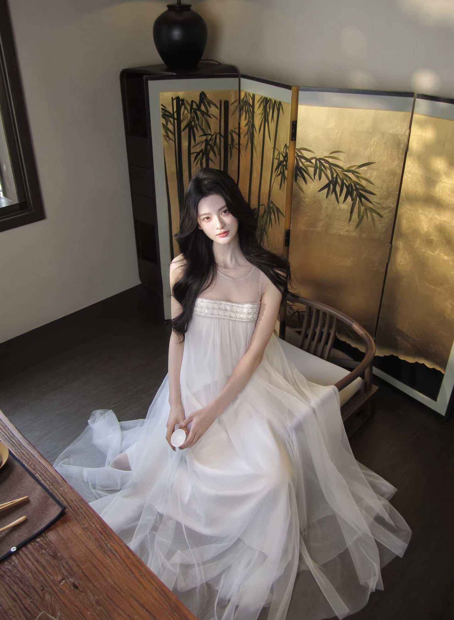 【dress】ノースリーブチュールワンピース Q7966