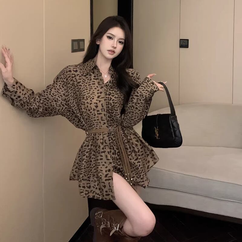 【dress】ベルト付きヒョウ柄シャツワンピース Q8279