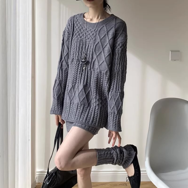 【set】ロングニットトップス×ストレートスカート×レッグウォーマー3点セット Q7720