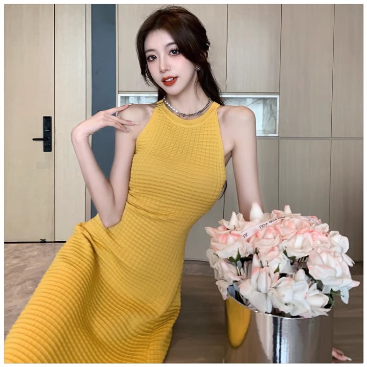 【dress】ホルターネックAラインニットワンピースF7458