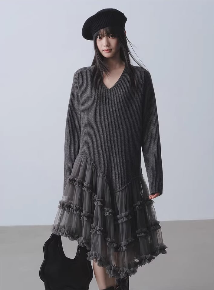 【dress】チュールドッキングウールワンピース Q7963