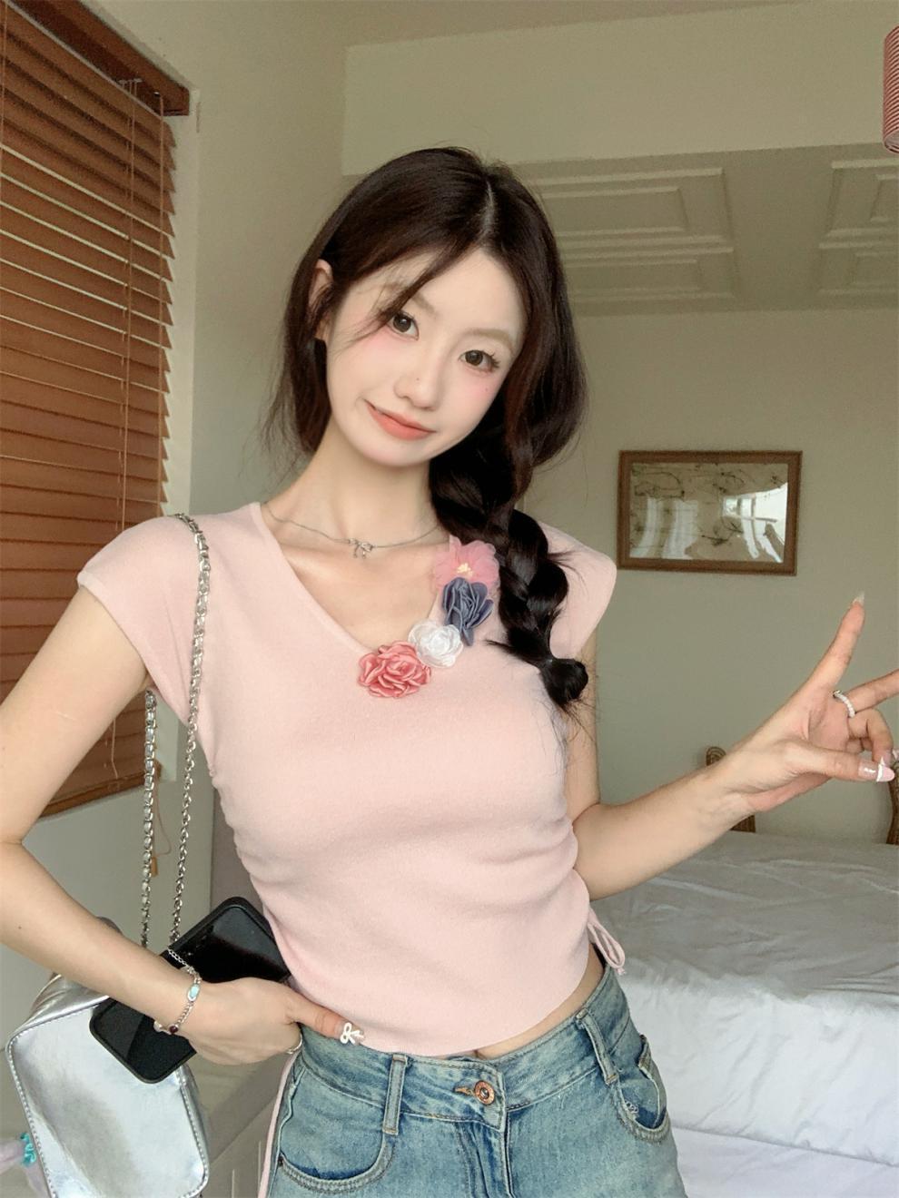 【tops】立体フラワーニットTシャツ　M24271