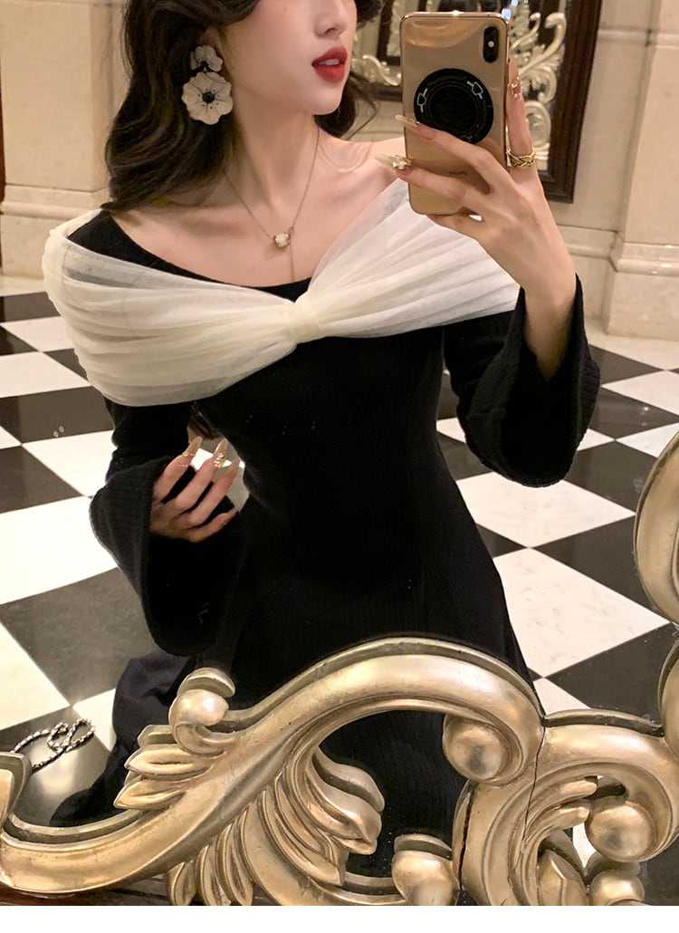 【dress】チュールドッキングニットワンピース　N3460