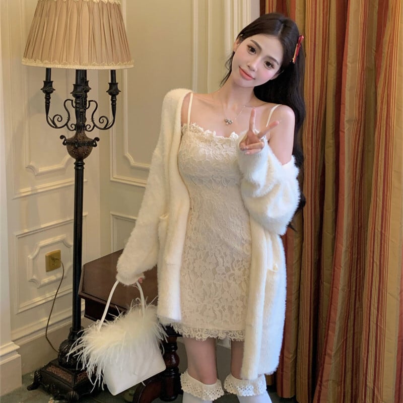 【set】レースワンピース×ニットカーデセット　M27977