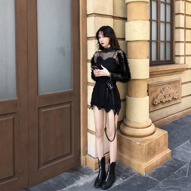 【set】カットワークレーストップス×キュロットスカートセット    N2720