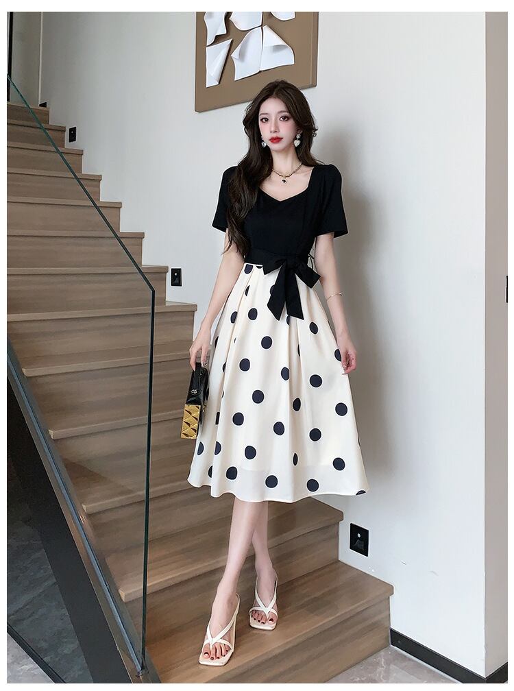 【dress】大人可愛い夏Vネック切り替えドット柄ワンピースF5794