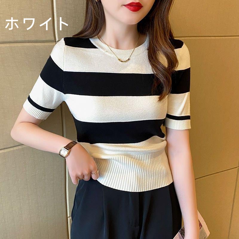【tops】ストライプ柄ニットTシャツG20214