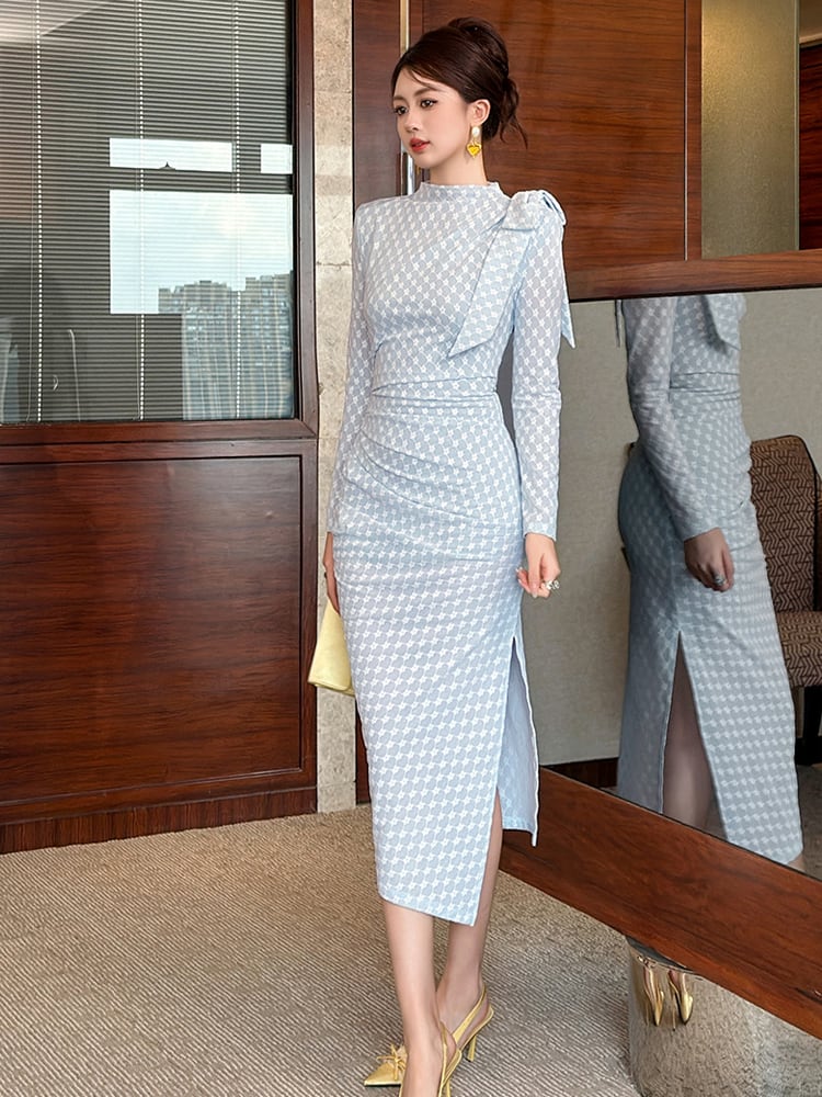 【dress】リボン付きスリット入れニットワンピース Q7186