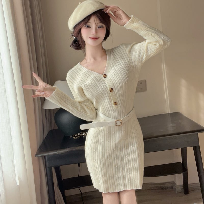 【dress】Vネックニットワンピース　M28378