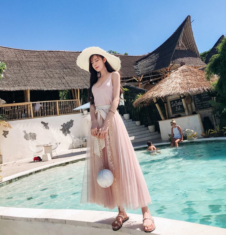 【bottoms】春夏気質アップINS風着痩せハイウエスト花柄メッシュスカート