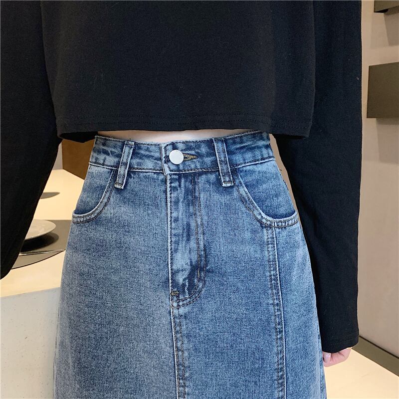 【bottoms】細身効果抜群♪INS風ポケット付きスリット合わせやすいデニムスカート