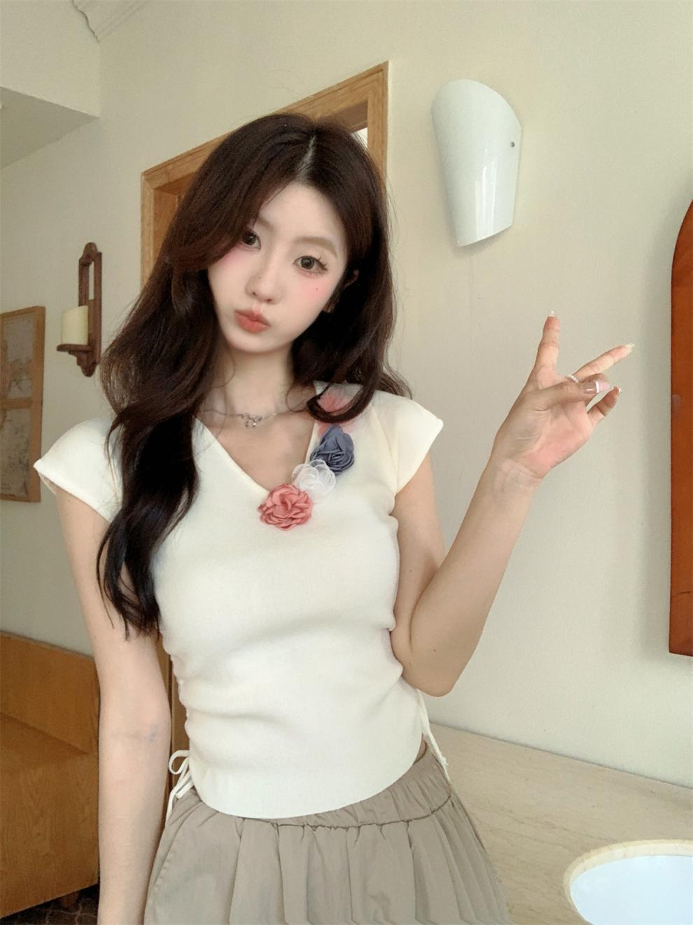 【tops】立体フラワーニットTシャツ　M24271