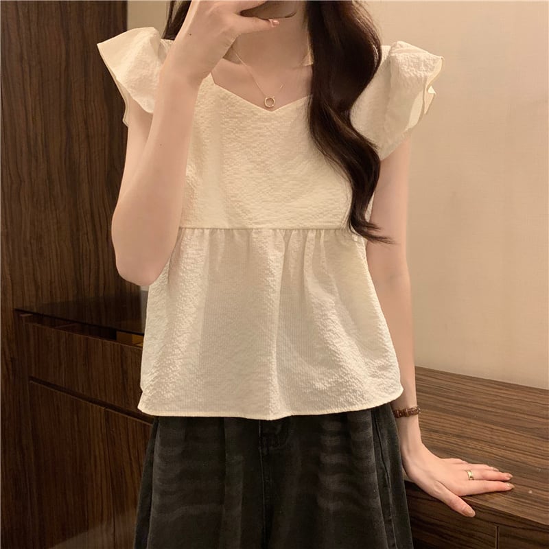 【tops】5色フレンチスリーブフリルブラウスF7483