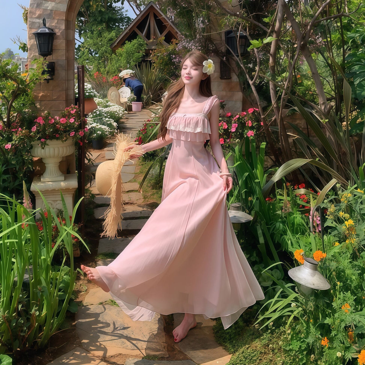 【dress】レースドッキングフリルロングワンピース　N3557