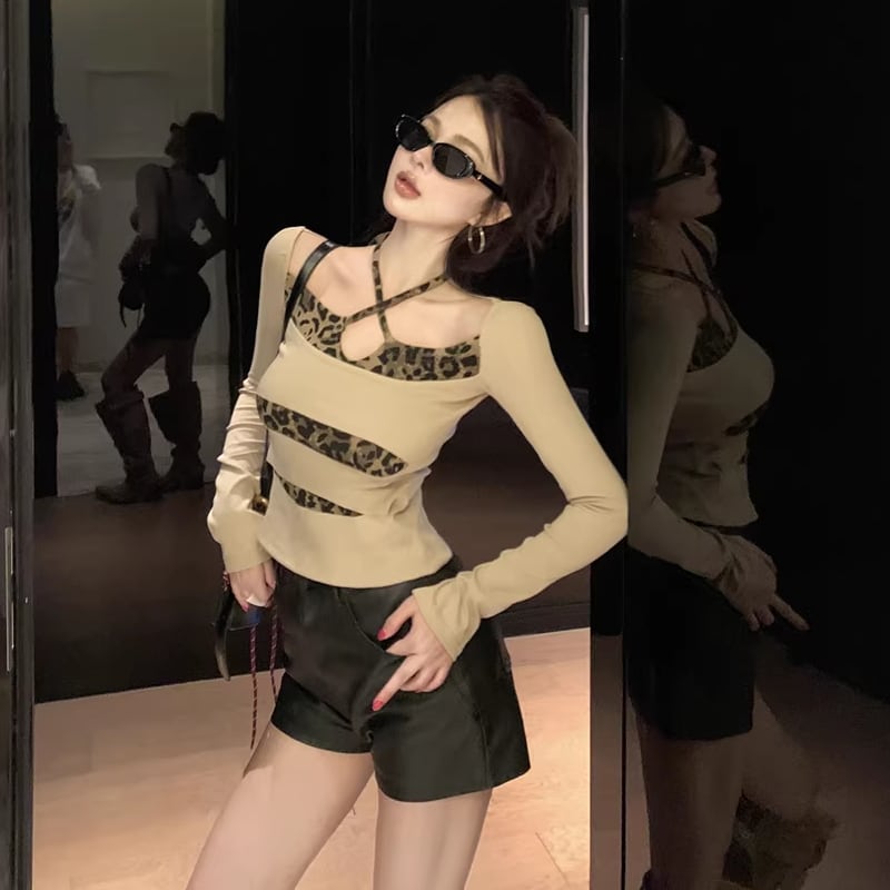 【tops】ヒョウ柄ドッキングトップス Q8142