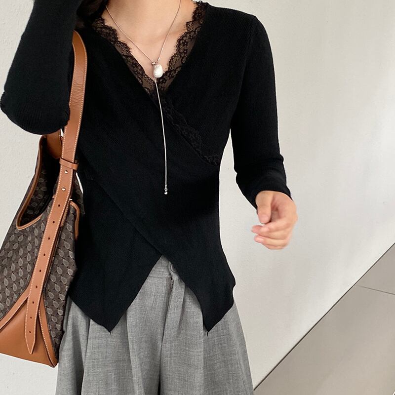【tops】レース付きクロスニットトップス Q7238