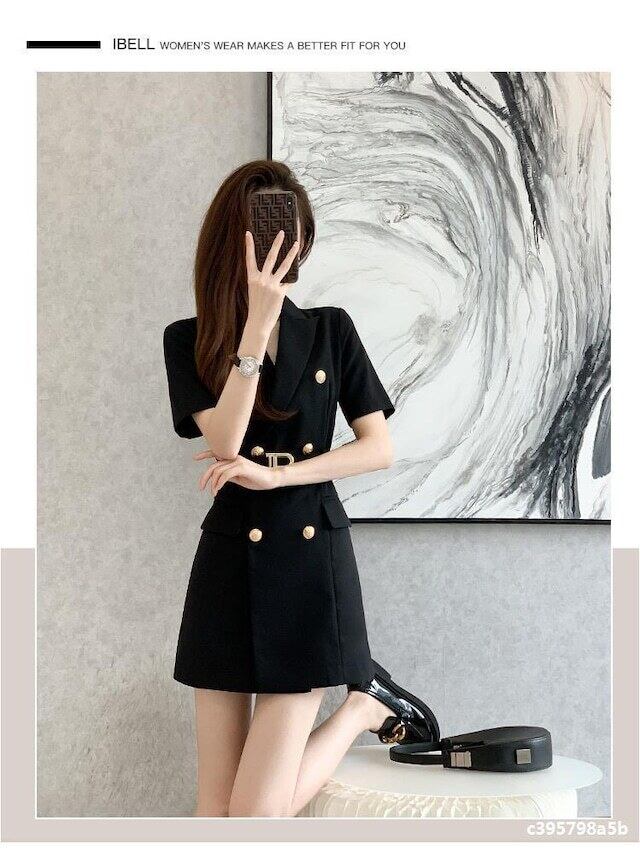 【dress】知的で品の良いOL通勤ラペル半袖Aラインウェスト絞りワンピースF2579