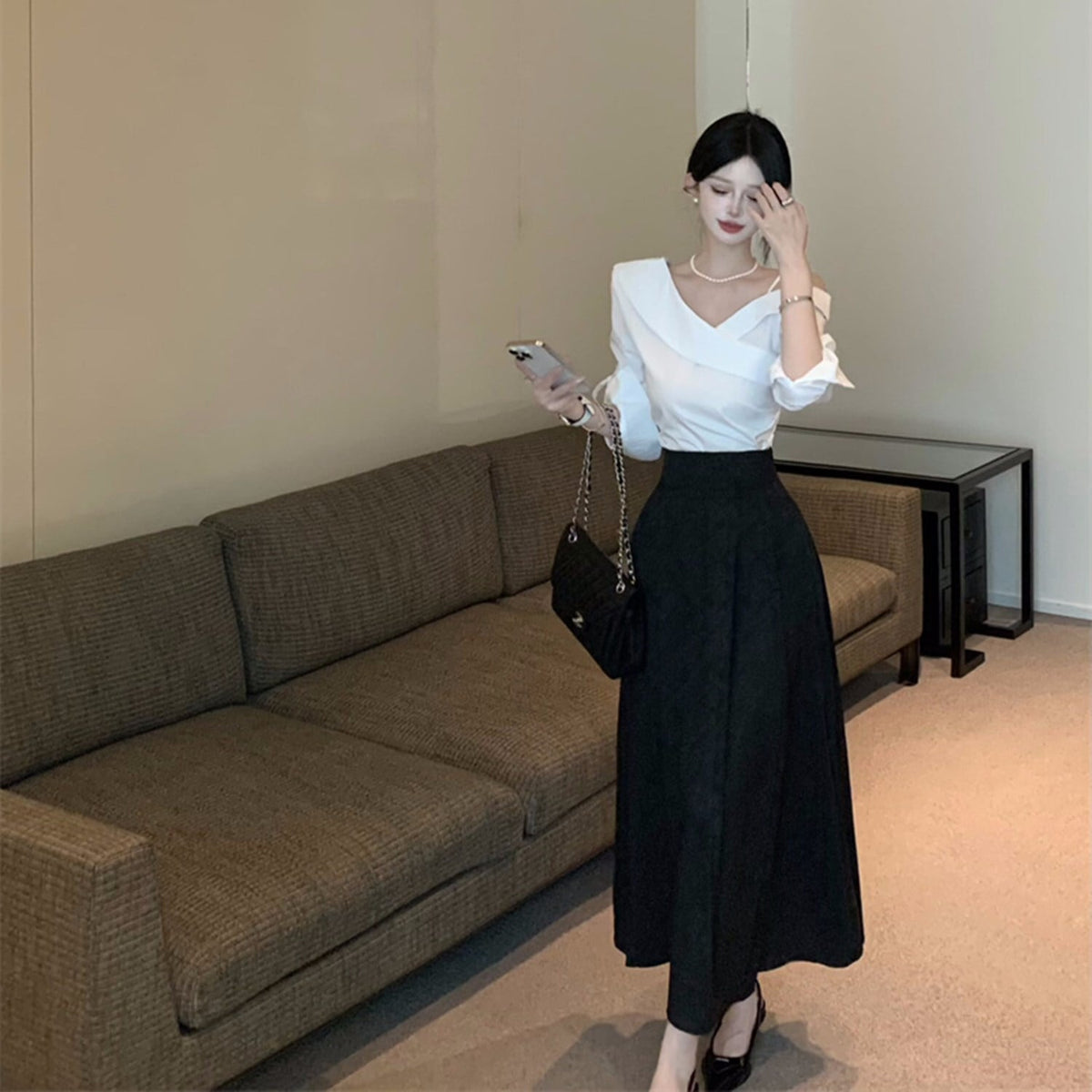 【set】オフショルダートップス×ロングスカートセット     N2688