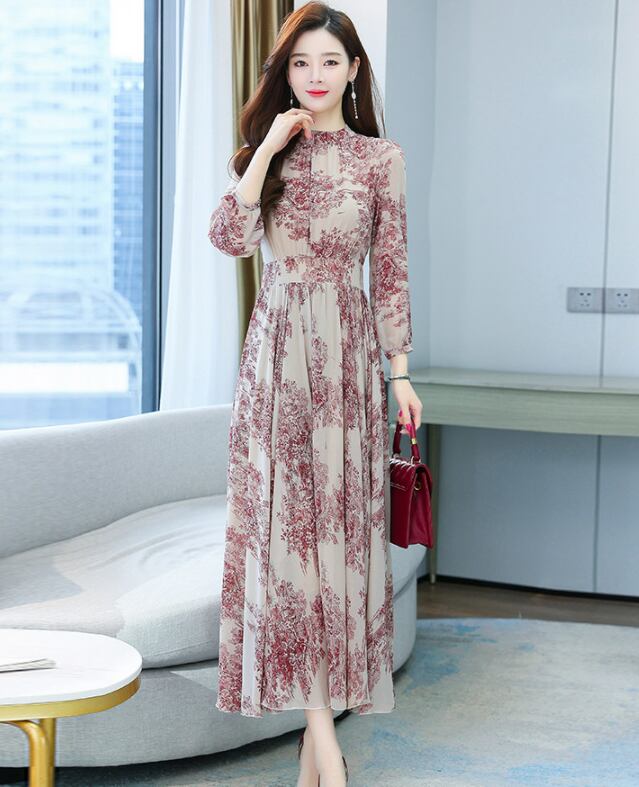 【dress】今季トレンド7分袖ウェスト絞りギャザー海旅行花柄配色大振り子シフォンロング丈ワンピースF1732