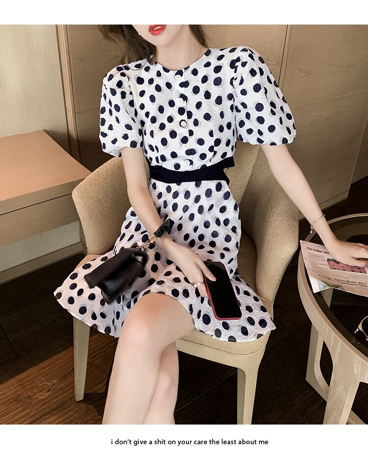 【dress】高級感好感度UP!気質満点パフスリーブドット柄透かし彫りワンピース G0257