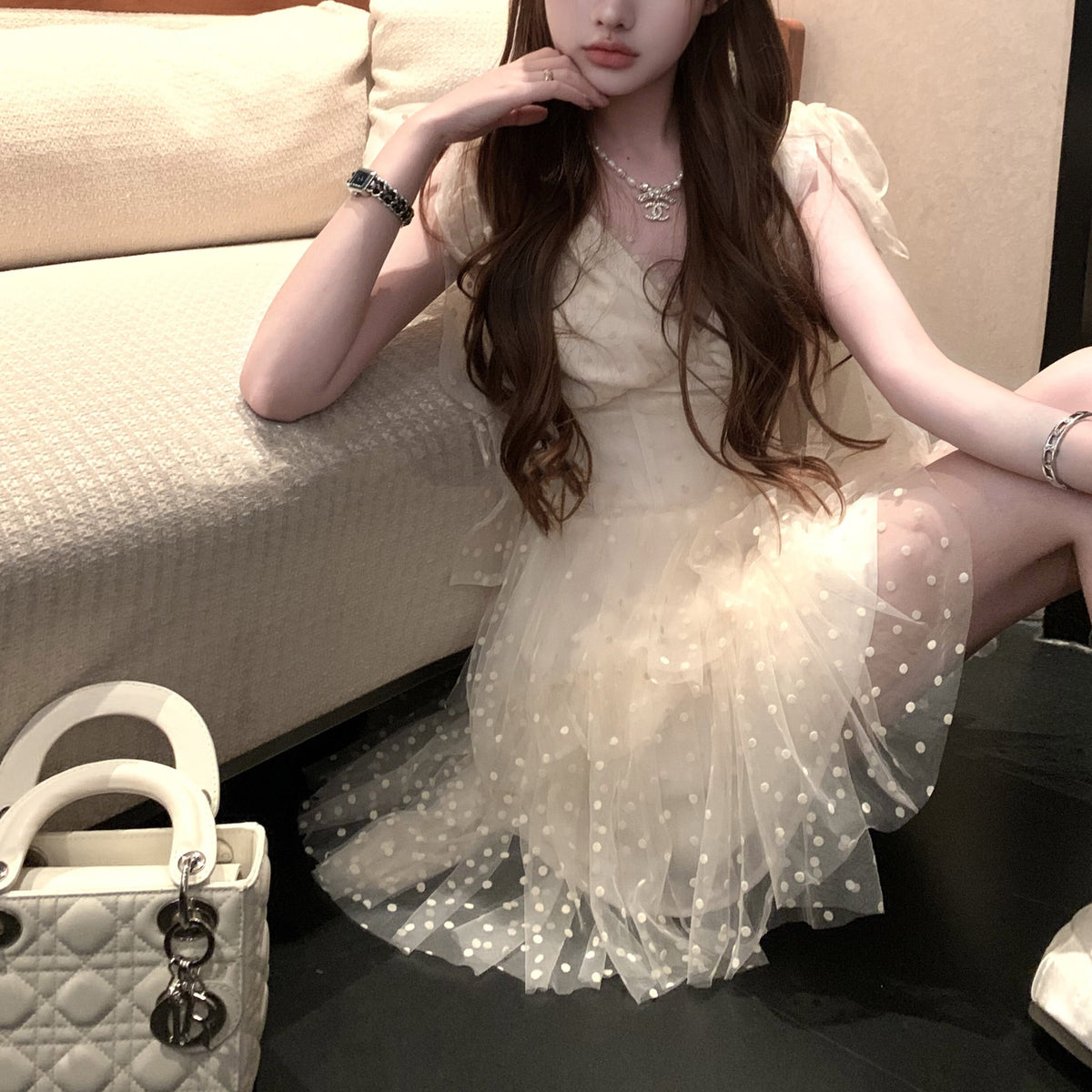 【dress】ショルダーリボンチュールワンピース　M31301