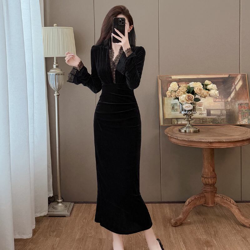 【dress】レースドッキングベルベットワンピース Q7496
