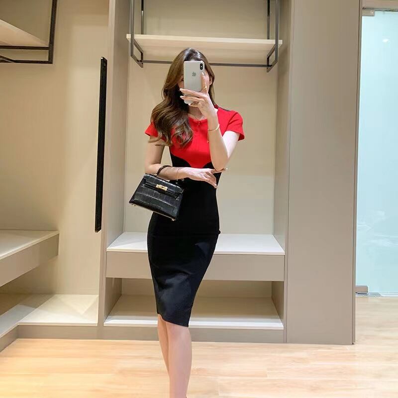 【dress】早い者勝ち夏新作2色ラウンドネック半袖配色韓国ファッションタイトワンピースF2630