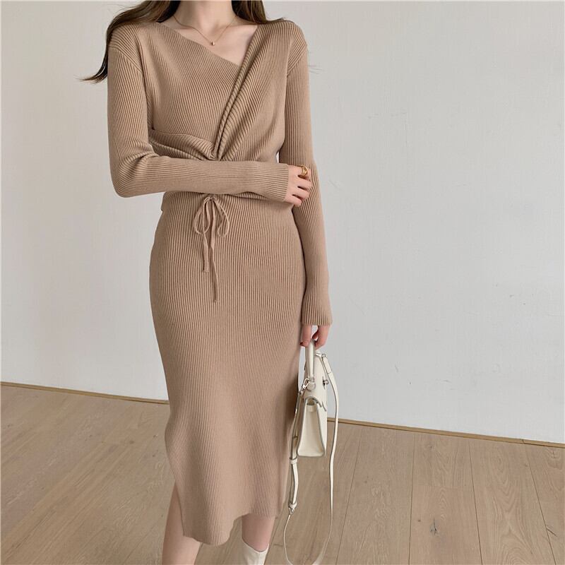 【dress】上品な質感!気質満点体型カバー長袖Vネックニットワンピース G1895