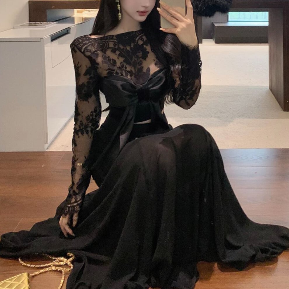 【set】リボン付きレーストップス×ロングスカートセット　N2763