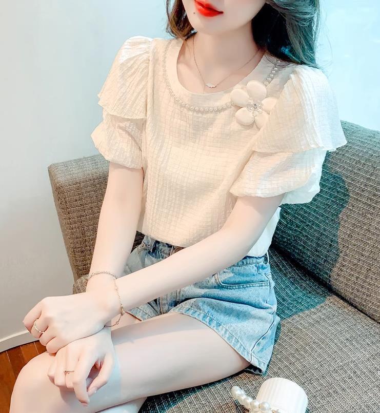 【tops】ラウンドネック半袖パフ袖ブラウスF7509