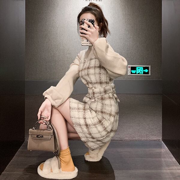 【dress】店長推薦韓国ファッション長袖ラウンドネック切り替えチェック柄ワンピースF0784