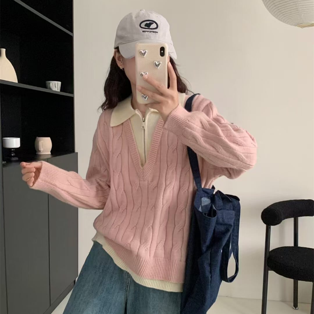 【tops】ファスナー切り替えニットセーター　M27687
