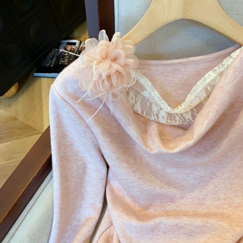 【tops】レース切り替え立体フラワーニットトップス　M29222