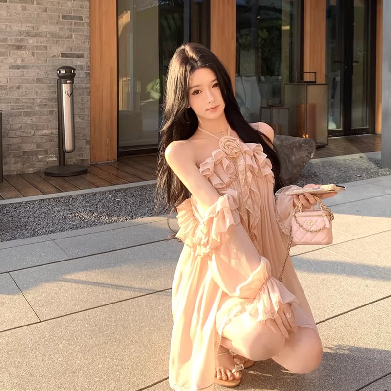 【dress】ホルターネックギャザーフリルミニワンピース Q8317
