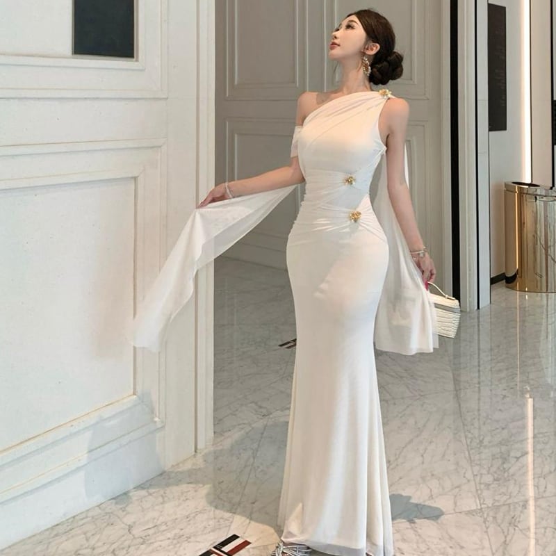 【dress】ワンショルダーギャザーデザインロングワンピース Q7977