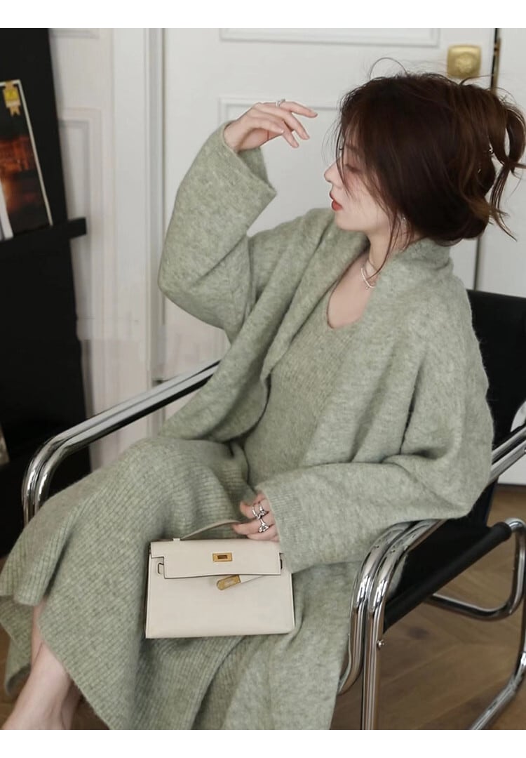 【set】ロング丈カーディガン×ニットワンピースセット　N2755