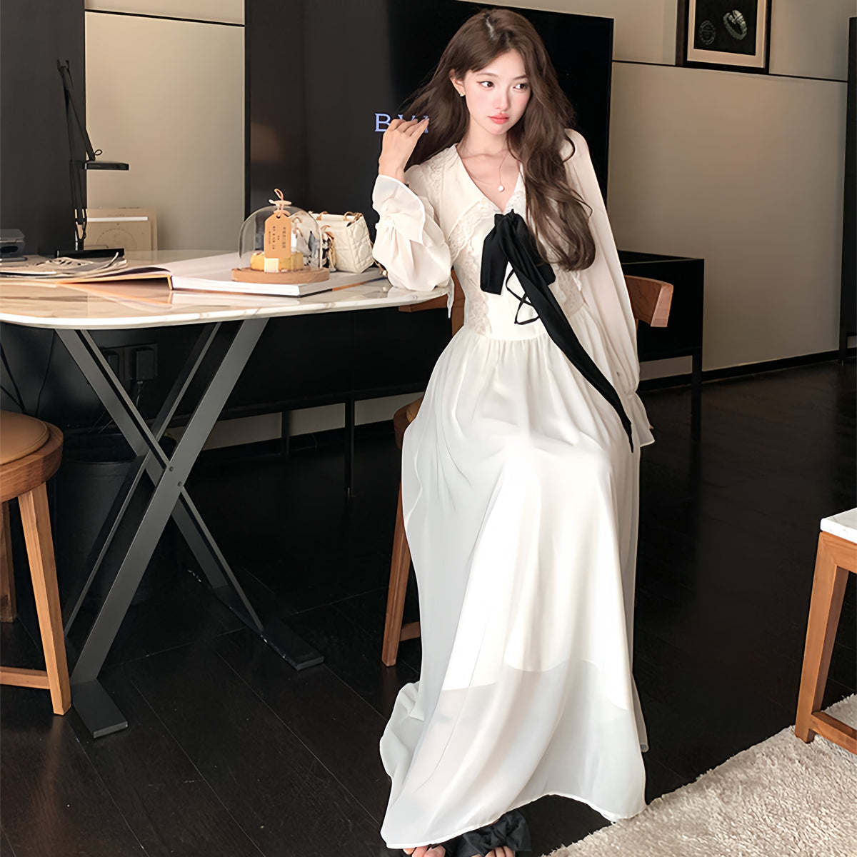 【dress】ビッグリボンレースドッキングロングワンピース　N3316
