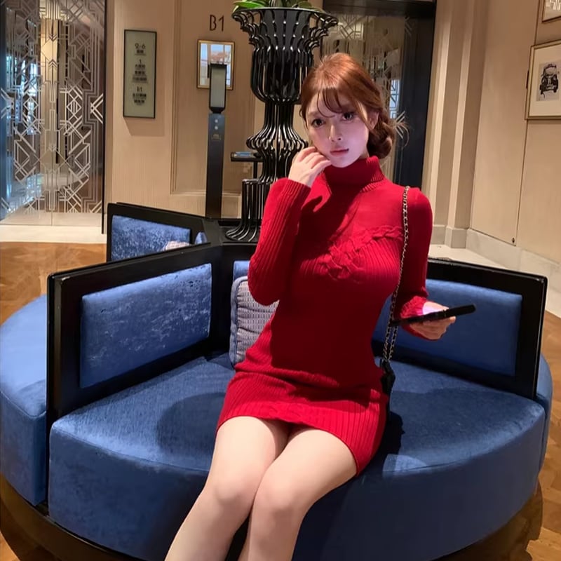 【dress】ハイネックニットワンピース Q7813