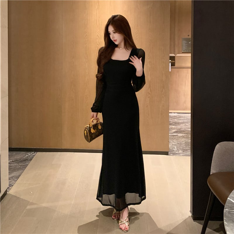 【dress】チュールドッキングロングワンピース Q7872
