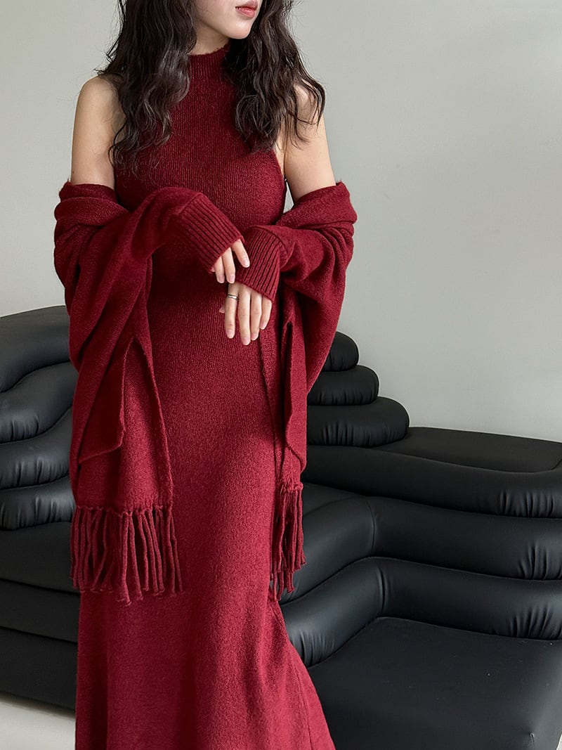 【set】ストール×ノースリーブニットワンピースセット　N3472