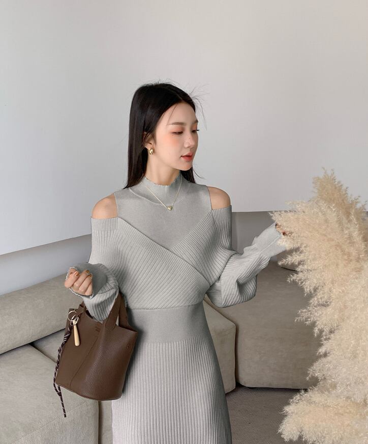 【dress】フェイクレイヤードニットワンピース Q7136
