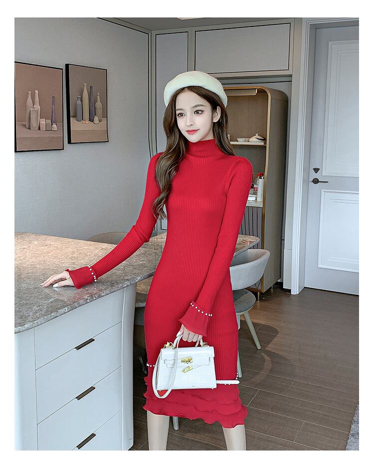 【dress】エレガント!気質満点レトロ体型カバー秋冬新作フリルニットワンピース G3729