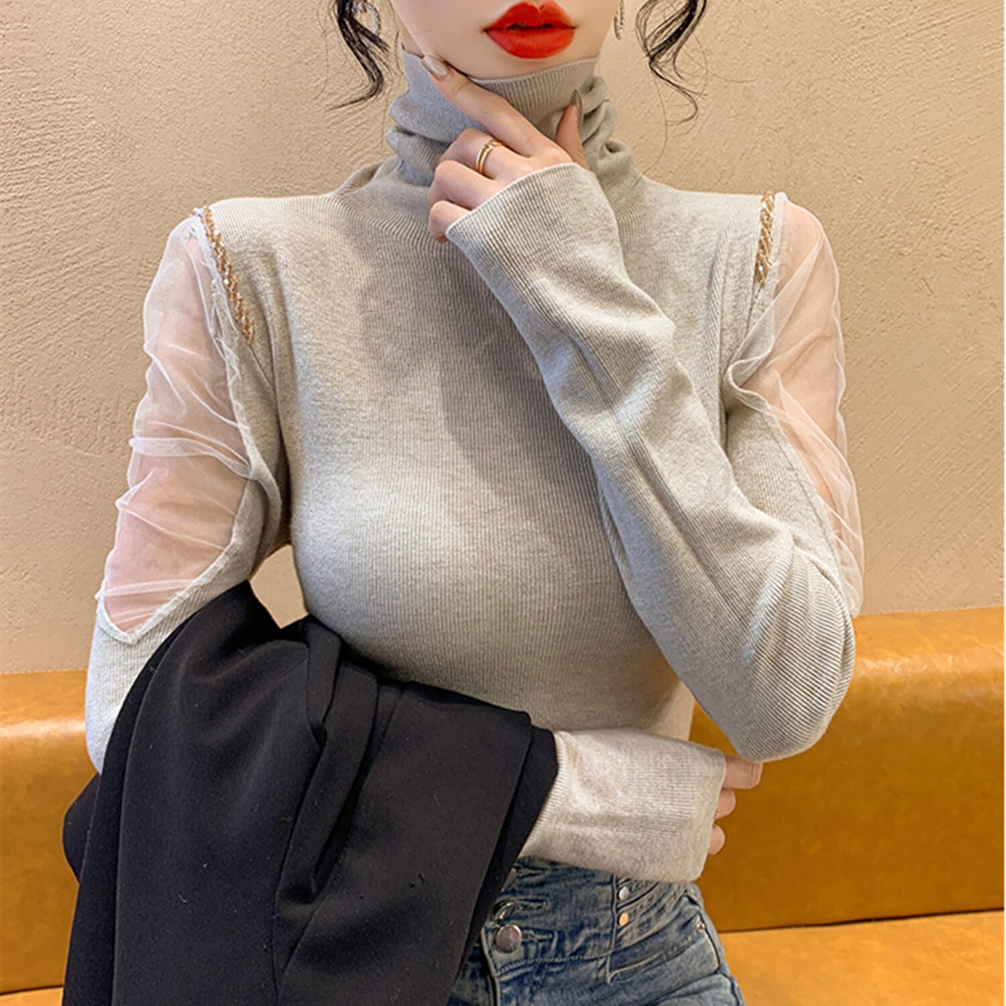 【tops】シースルーショルダーニットトップス　N2917
