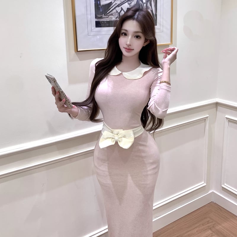 【dress】ベルト付きピーターパンカラーロングワンピース Q7733
