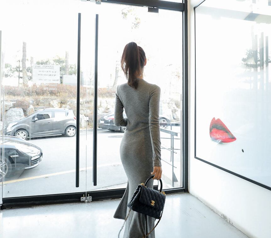 【dress】韓流スタイル気質満点長袖ラウンドネック体型カバーマーメイドワンピース G2416