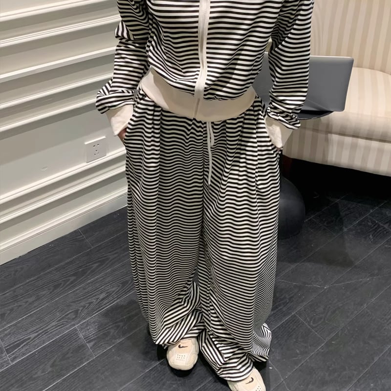 【set】ボーダー柄ジップアップ×ワイドパンツセット Q8144